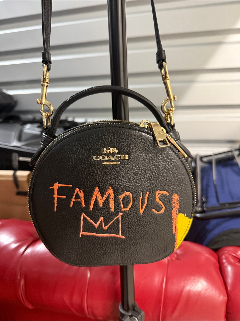 Basquiat Coach black leather Crossbody with Orange Graffiti and Yellow Accent